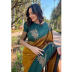 Women's Soft Lichi Silk Printed Saree With Unstitched Blouse 5.5Mtr (Mustard )