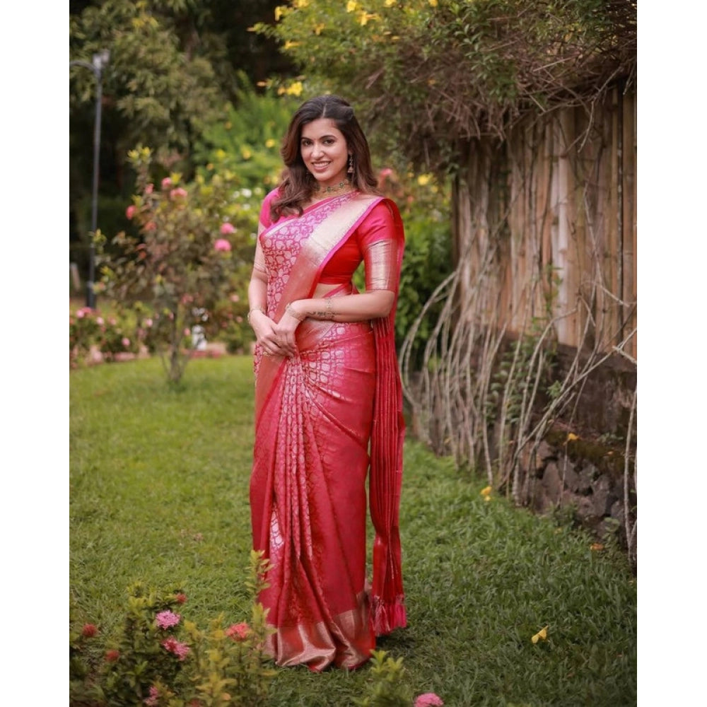 Women's Soft Lichi Silk Printed Saree With Unstitched Blouse 5.5Mtr (Pink)