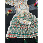 Women's Linen Cotton  Printed Saree With Unstitched Blouse 5.5Mtr (Green)