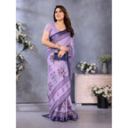 Women's Linen Cotton  Printed Saree With Unstitched Blouse 5.5Mtr (Purple)