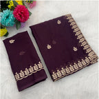 Women's Georgette Embroidered Saree With Unstitched Blouse 5.5Mtr (Wine)