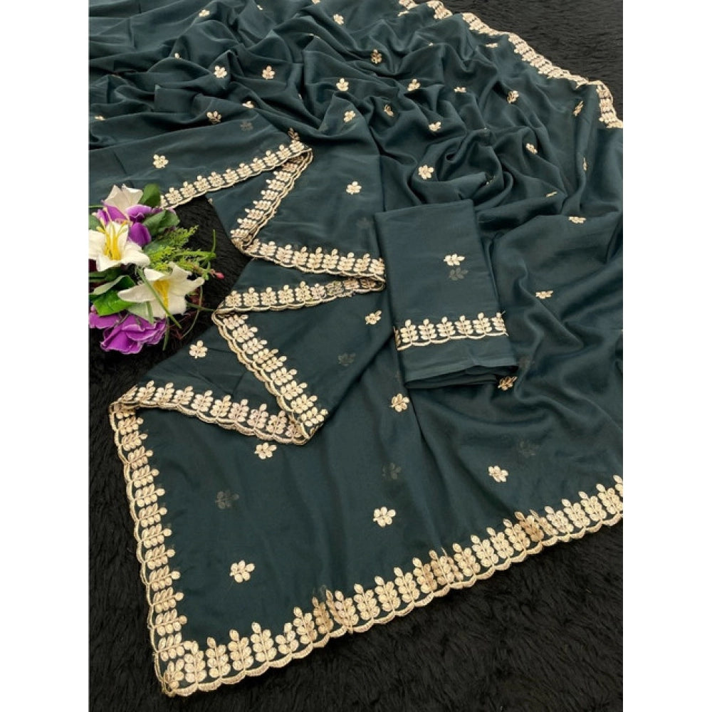 Women's Georgette Embroidered Saree With Unstitched Blouse 5.5Mtr (Teal)