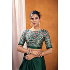 Women's Satin Crepe Printed Saree With Unstitched Blouse 5.5Mtr (Bottle Green)