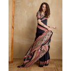 Women's Satin Crepe Printed Saree With Unstitched Blouse 5.5Mtr (Black)