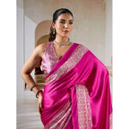 Women's Satin Crepe Printed Saree With Unstitched Blouse 5.5Mtr (Pink)