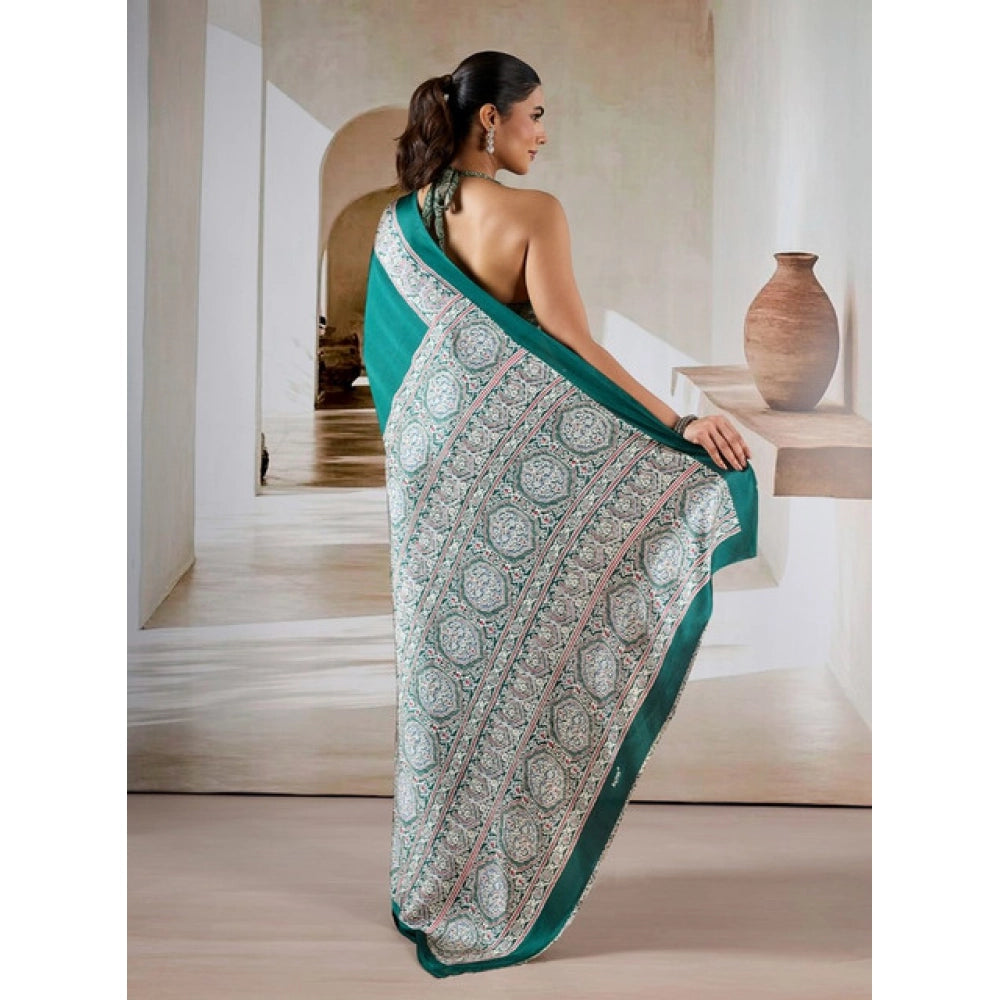 Women's Satin Crepe Printed Saree With Unstitched Blouse 5.5Mtr (Green)