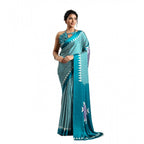 Women's Satin Crepe Printed Saree With Unstitched Blouse 5.5Mtr (Rama Blue)