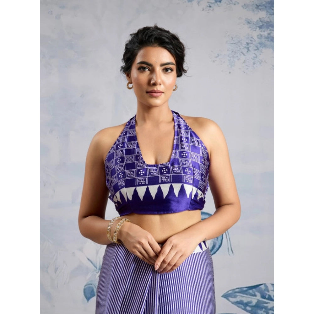 Women's Satin Crepe Printed Saree With Unstitched Blouse 5.5Mtr (Purple)