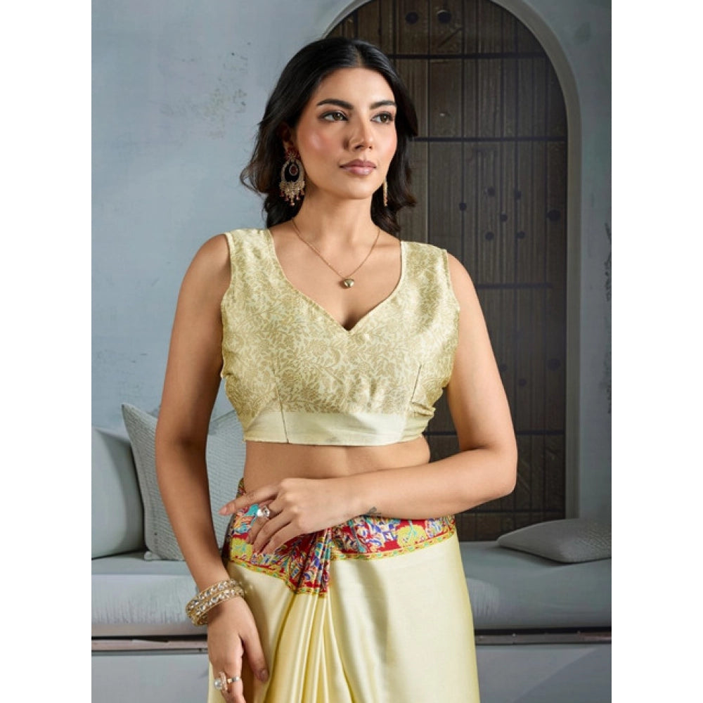 Women's Satin Crepe Printed Saree With Unstitched Blouse 5.5Mtr (Cream)