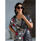 Women's Satin Crepe Printed Saree With Unstitched Blouse 5.5Mtr (Black)
