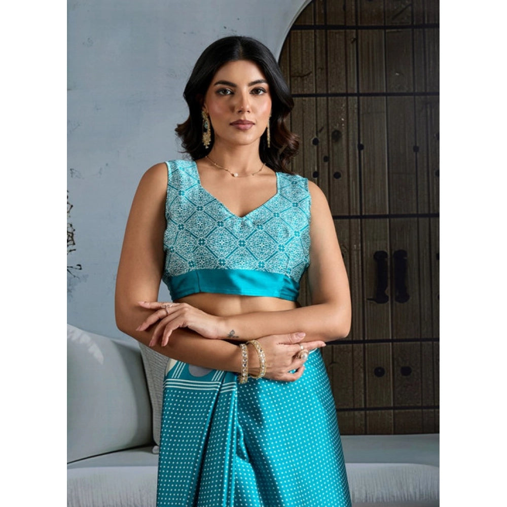 Women's Satin Crepe Printed Saree With Unstitched Blouse 5.5Mtr (Sky Blue)