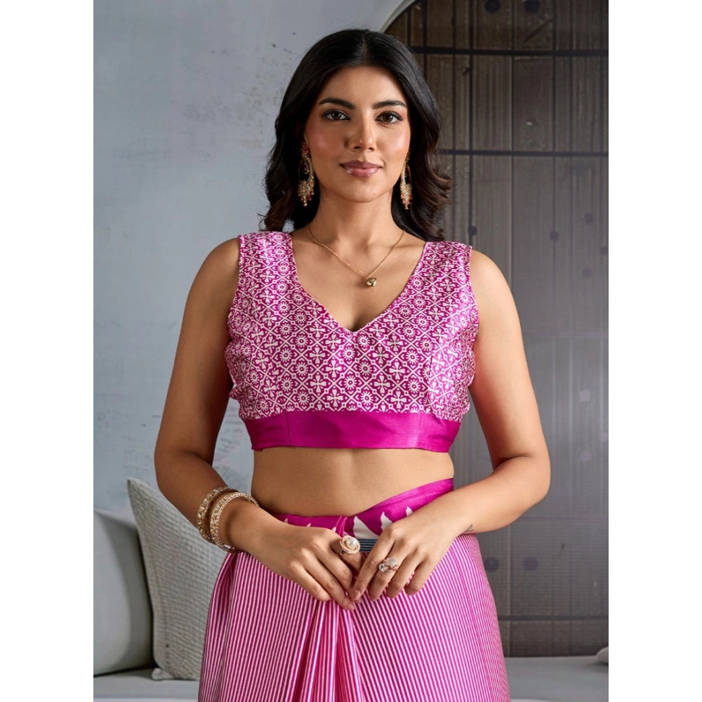 Women's Satin Crepe Printed Saree With Unstitched Blouse 5.5Mtr (Pink)