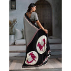 Women's Satin Crepe Printed Saree With Unstitched Blouse 5.5Mtr (Black)