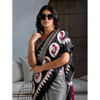 Women's Satin Crepe Printed Saree With Unstitched Blouse 5.5Mtr (Black)