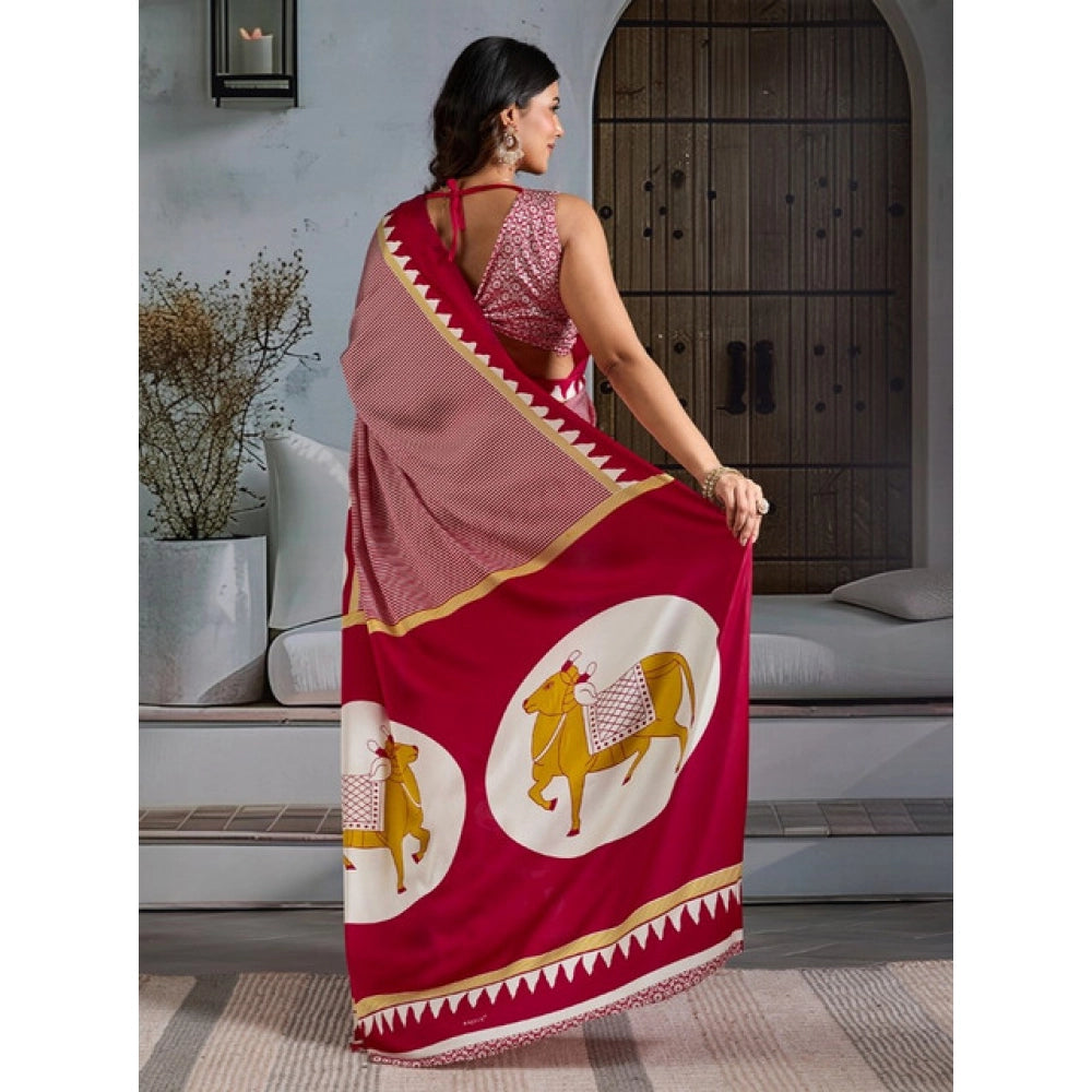 Women's Satin Crepe Printed Saree With Unstitched Blouse 5.5Mtr (Red)