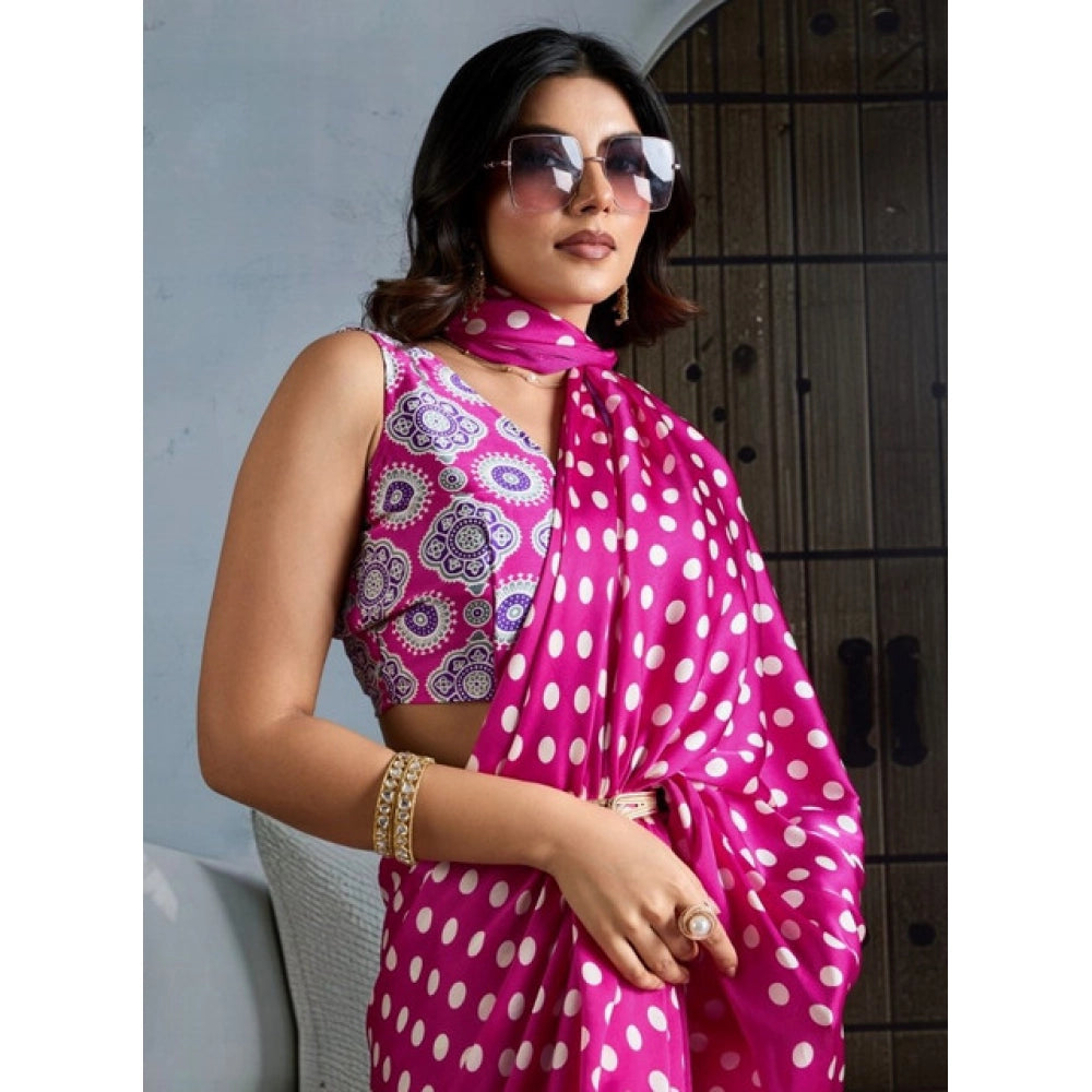 Women's Satin Crepe Printed Saree With Unstitched Blouse 5.5Mtr (Pink)