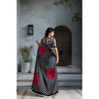 Women's Satin Crepe Printed Saree With Unstitched Blouse 5.5Mtr (Black)