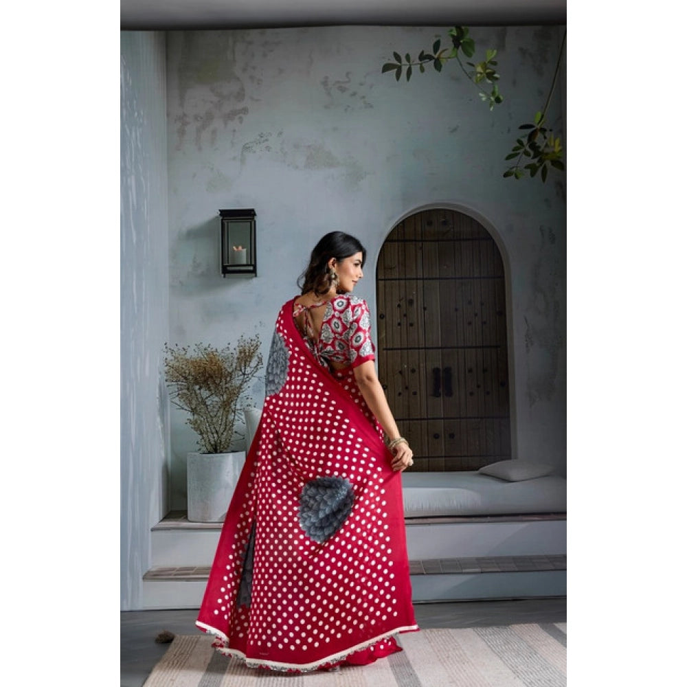 Women's Satin Crepe Printed Saree With Unstitched Blouse 5.5Mtr (Red)