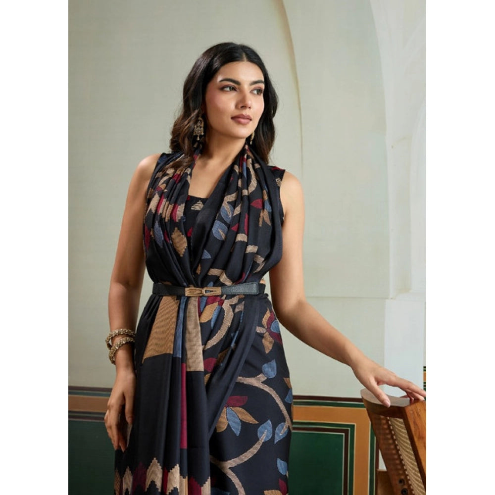 Women's Satin Crepe Printed Saree With Unstitched Blouse 5.5Mtr (Black)
