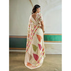 Women's Satin Crepe Printed Saree With Unstitched Blouse 5.5Mtr (Off White)