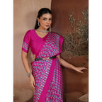 Women's Satin Crepe Printed Saree With Unstitched Blouse 5.5Mtr (Pink)