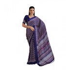 Women's Satin Crepe Printed Saree With Unstitched Blouse 5.5Mtr (Navy Blue)