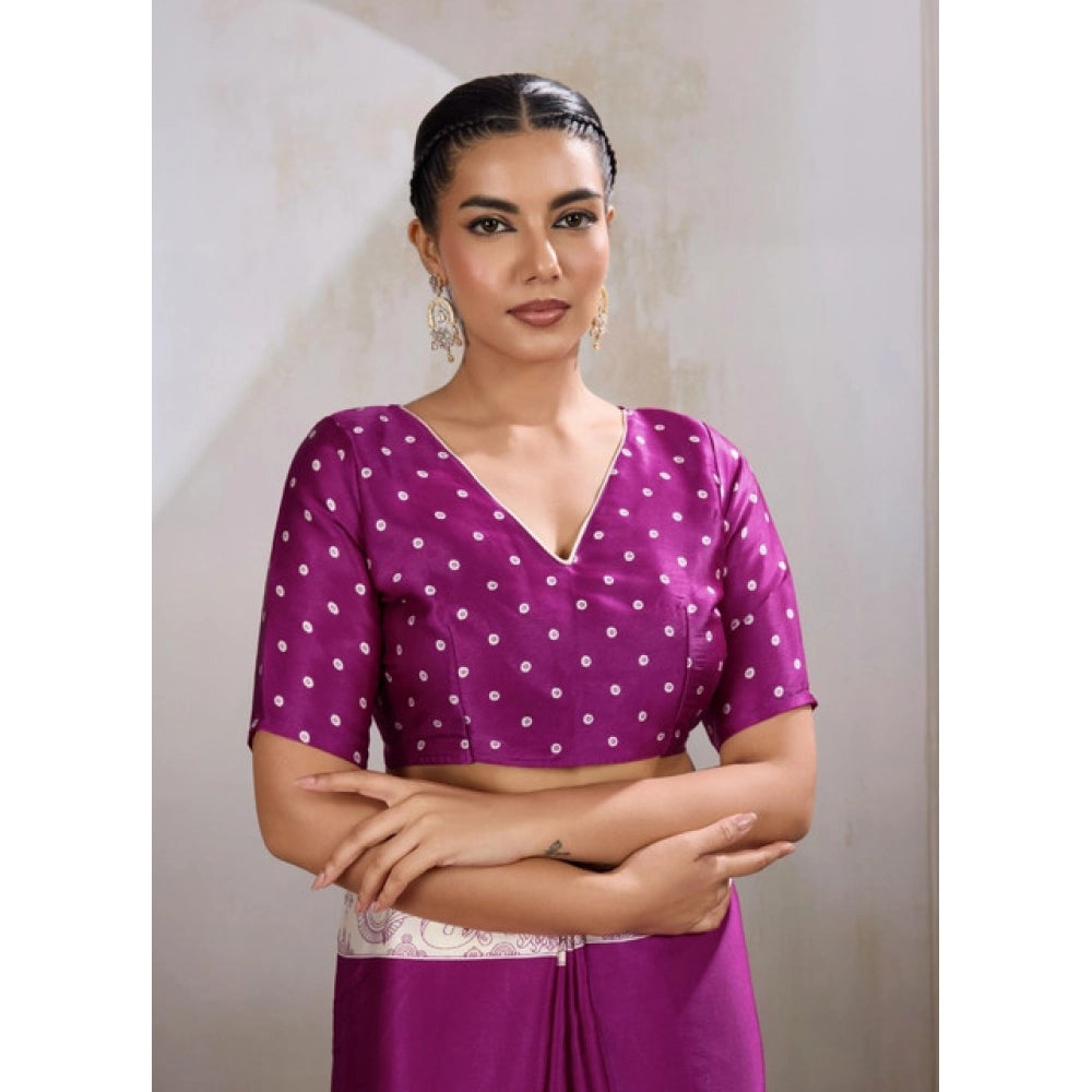 Women's Satin Crepe Printed Saree With Unstitched Blouse 5.5Mtr (Purple)