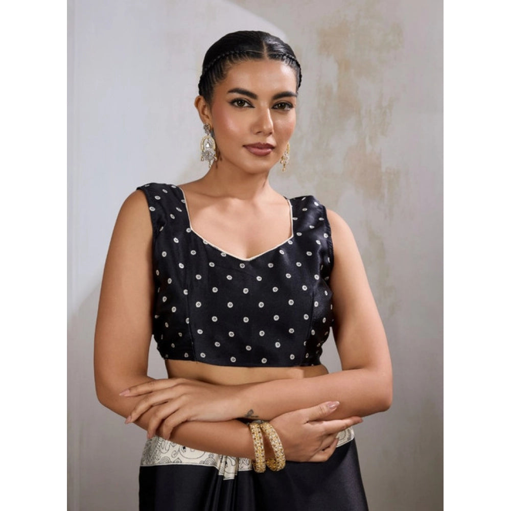 Women's Satin Crepe Printed Saree With Unstitched Blouse 5.5Mtr (Black)