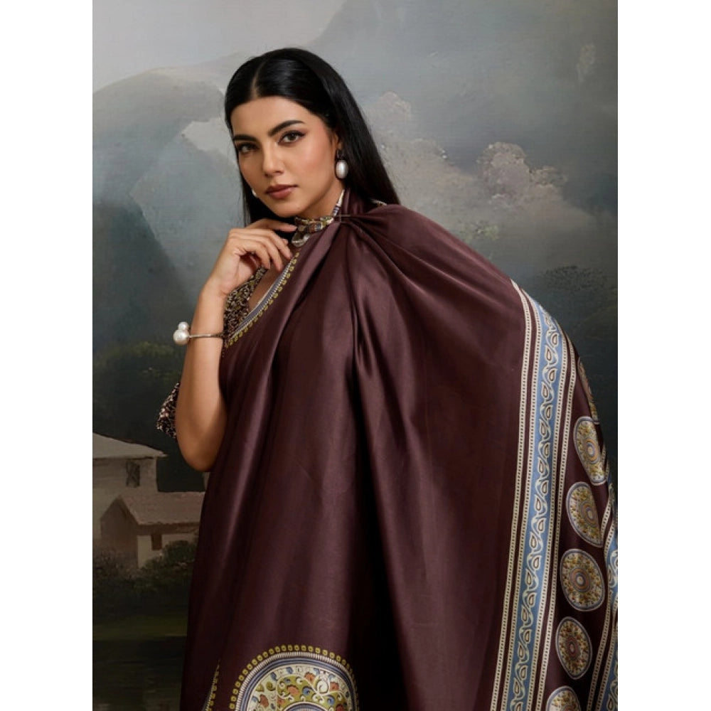Women's Satin Crepe Printed Saree With Unstitched Blouse 5.5Mtr (Brown)