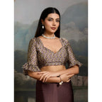 Women's Satin Crepe Printed Saree With Unstitched Blouse 5.5Mtr (Brown)
