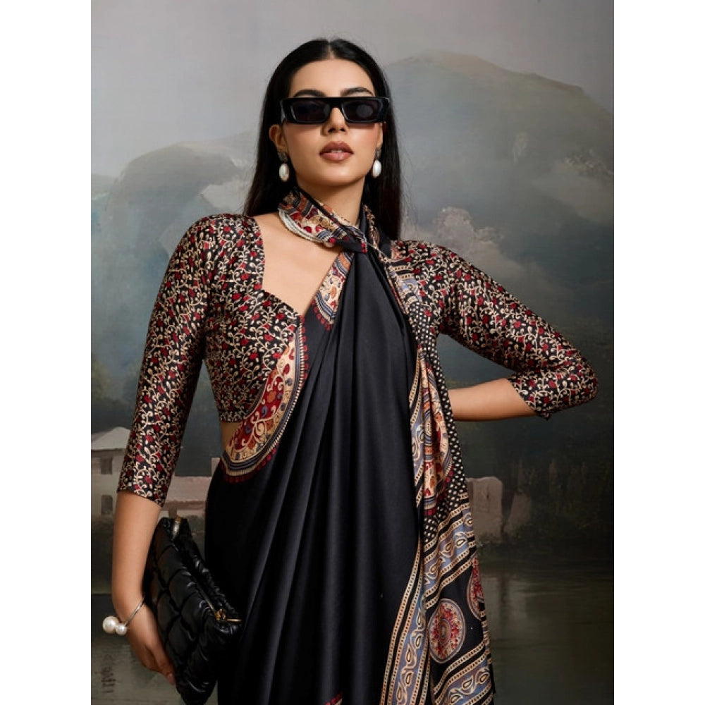 Women's Satin Crepe Printed Saree With Unstitched Blouse 5.5Mtr (Black)