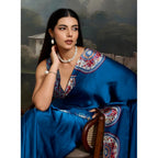 Women's Satin Crepe Printed Saree With Unstitched Blouse 5.5Mtr (Blue)