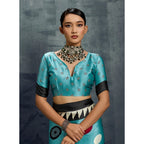 Women's Satin Crepe Printed Saree With Unstitched Blouse 5.5Mtr (Sky Blue)