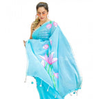 Women's Linen Printed Saree With Unstitched Blouse 5.5Mtr (light Blue)