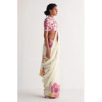 Women's Linen Printed Saree With Unstitched Blouse 5.5Mtr (White)