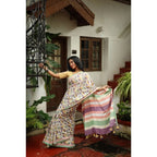 Women's Linen Printed Saree With Unstitched Blouse 5.5Mtr (Multicolor)