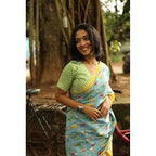 Women's Linen Printed Saree With Unstitched Blouse 5.5Mtr (Blue)