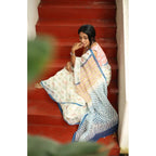 Women's Linen Printed Saree With Unstitched Blouse 5.5Mtr (White)