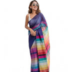 Women's Linen Printed Saree With Unstitched Blouse 5.5Mtr (Navy)