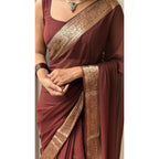 Women's Vichitra Silk Printed Saree With Unstitched Blouse 5.5Mtr (Brown)