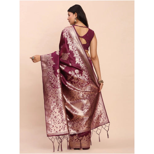 Women's Banarasi Silk Printed Saree With Unstitched Blouse 5.5Mtr (Purple)