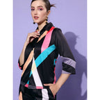 Women's Satin Colour Block Long Sleeves Co-Ord Set (Multicolor)