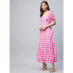 Women's Polyester Georgette Checkered Half Sleeve Dress (Pink)