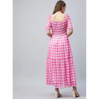 Women's Polyester Georgette Checkered Half Sleeve Dress (Pink)