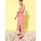 Women's Polyester Lycra Solid Sleeveless Dress (Pink)