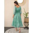 Women's Chiffon Solid Puff Sleeve Dress (Green)