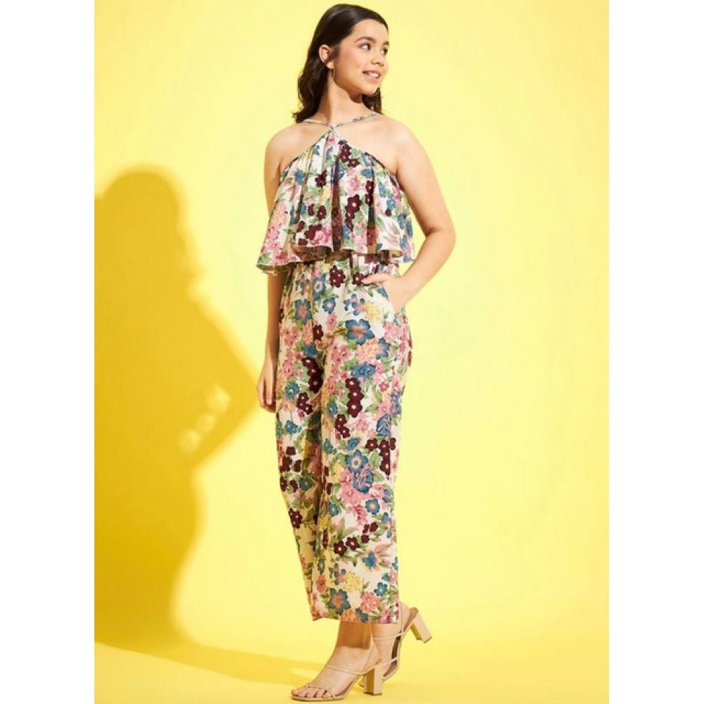 Girl's Polyester Crepe Floral Sleeveless Jumpsuit (Multicolor)