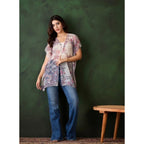 Women's Chiffon Printed Short Sleeves Shrug (White - Purple)