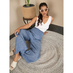Women's Cotton Self Design Smocked Trousers (Blue)