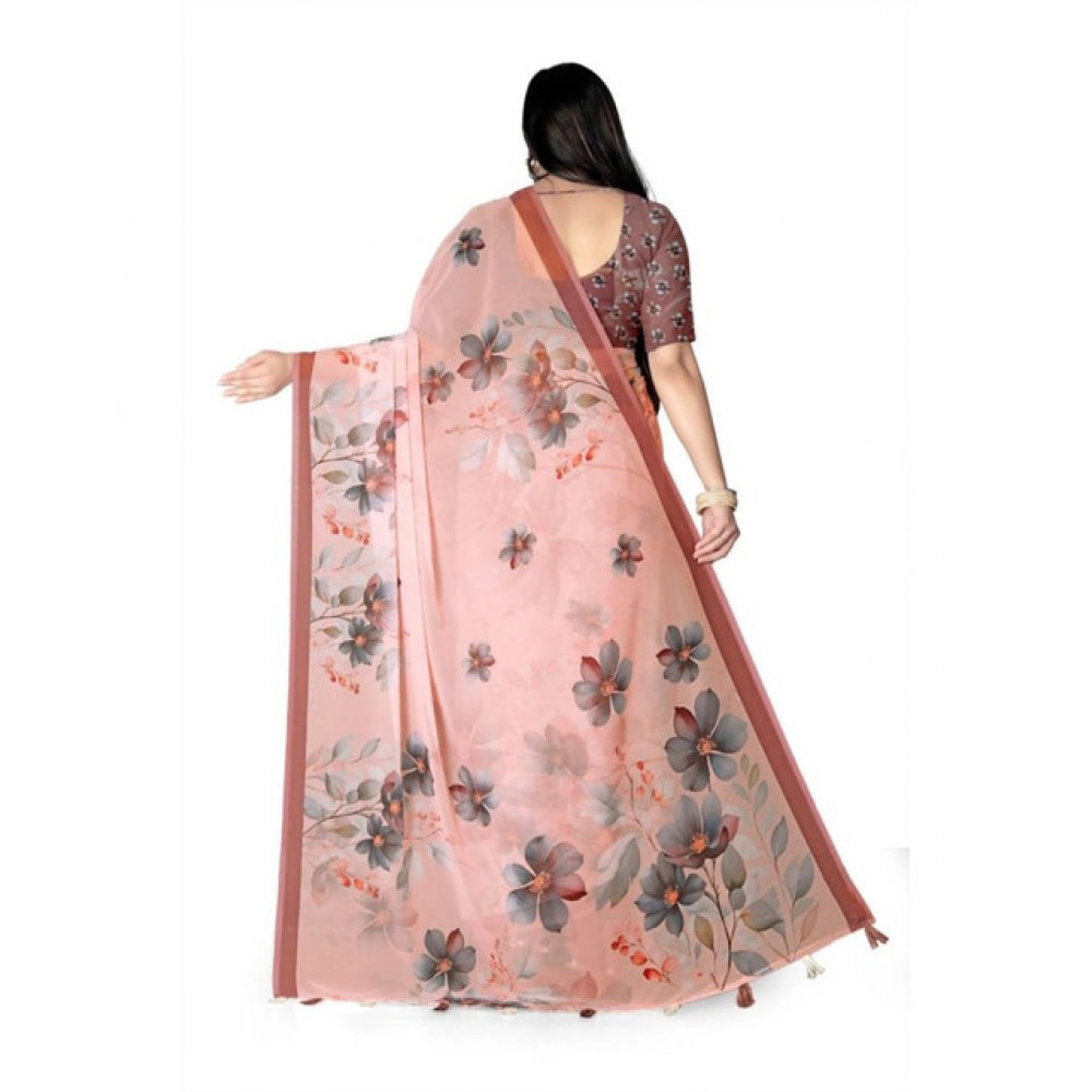 Women's Georgette Floral Printed Saree With Unstitched Blouse 5.5Mtr (Peach)